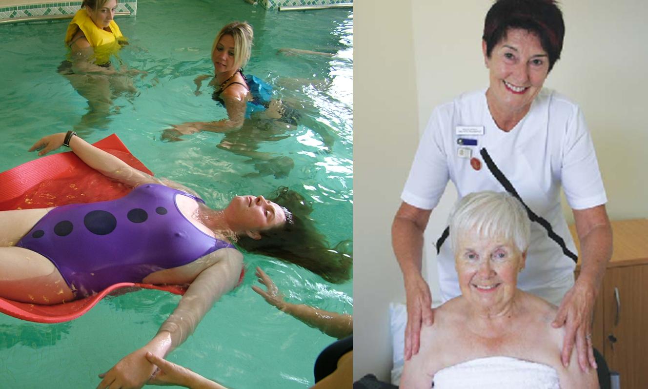 Two joined photos - The swimming pool and a therapy session